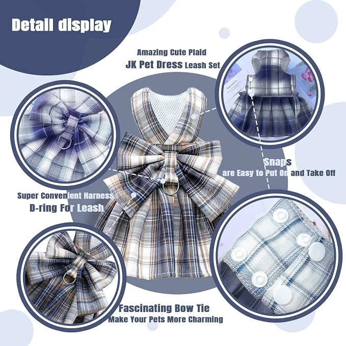 PETCARE Plaid Dog Dress Bow Tie Harness Leash Set - Image 5