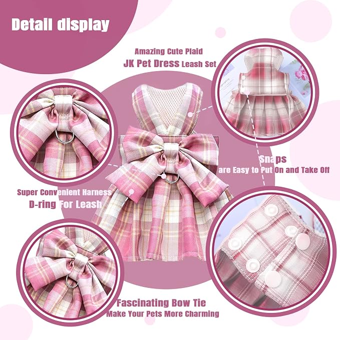 PETCARE Plaid Dog Dress Bow Tie Harness Leash Set - Image 6