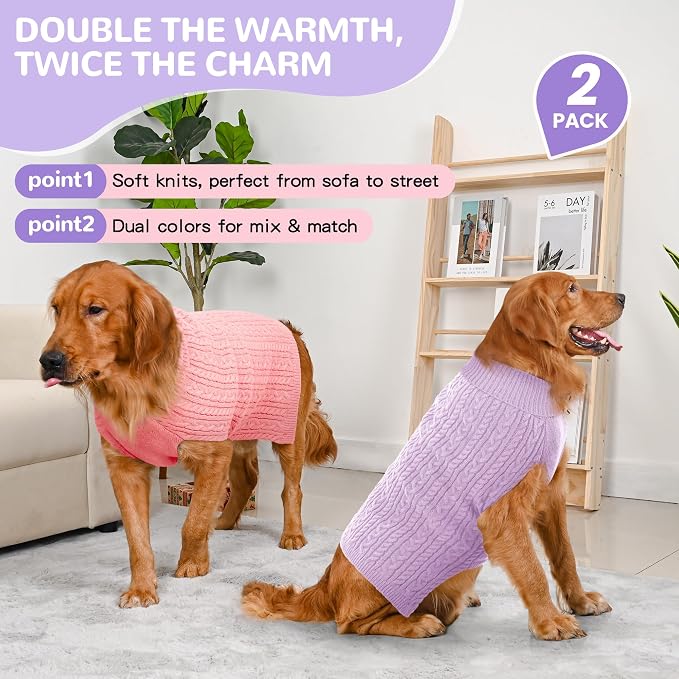 2 Pack Dog Sweaters for Large Dogs Winter Turtleneck Pullover Cable Knit Fleece - Image 2