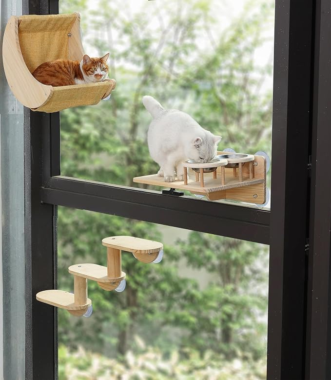 Cat Window Shelf Feeding Station, Wood Window Seat Mounted - Image 2
