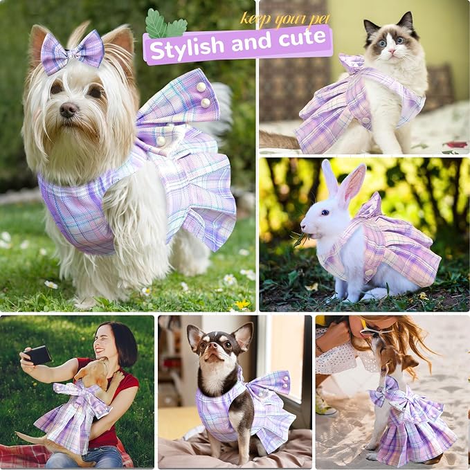 PETCARE Cute Dog Dress Clothes for Small Dogs Cats Girl Female Purple Plaid Bow - Image 3