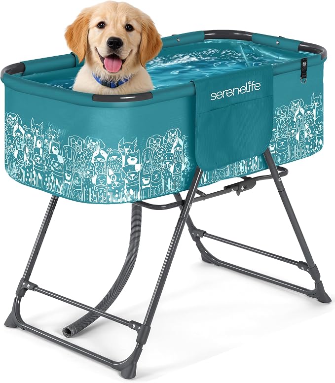 SereneLife Foldable Dog Bath Tub with Adjustable Height, 360° Access, Drain Hose & Storage Pockets – 130 lb Capacity Grooming Station for Indoor/Outdoor Use (Blue) by SereneLife