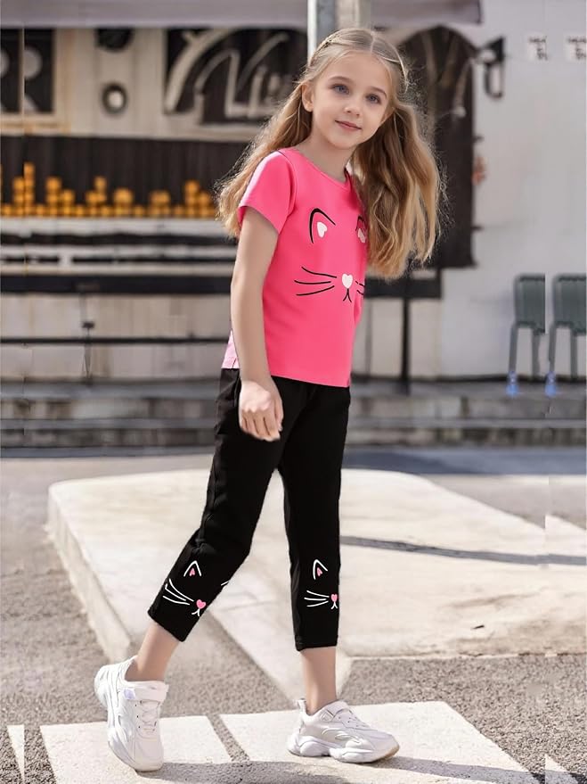 4-8T Toddler Girl Clothes Cat face print Short Sleeve Top+Pants Outfits Girl - Image 5