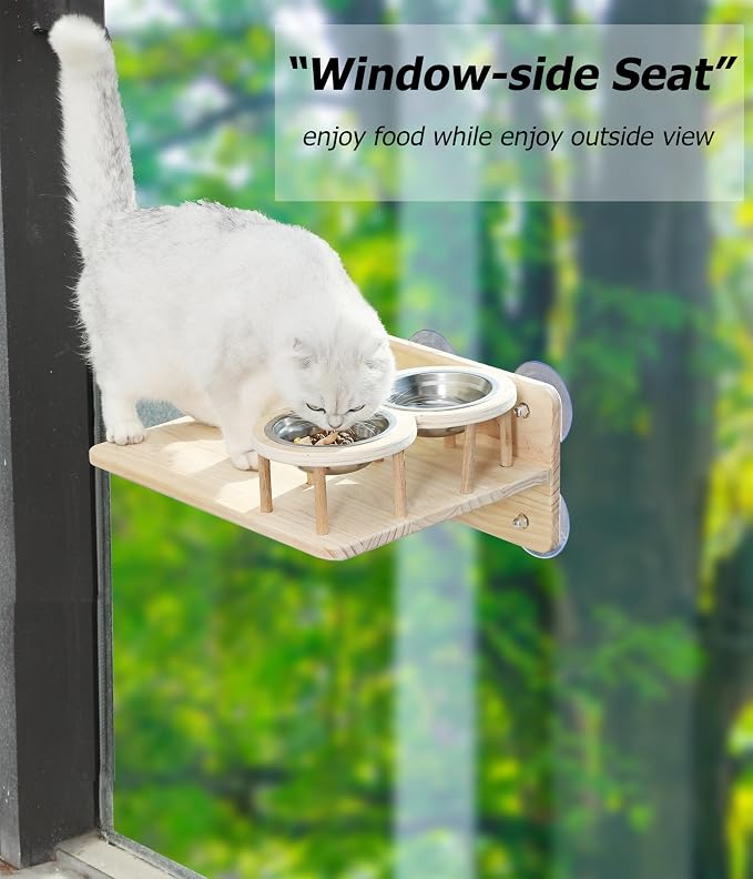 Cat Window Shelf Feeding Station, Wood Window Seat Mounted - Image 4