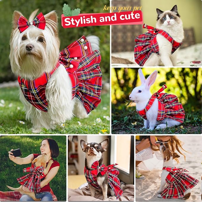 PETCARE Cute Dog Dress Clothes for Small Dogs Cats Girl Female Red Plaid Bow - Image 2
