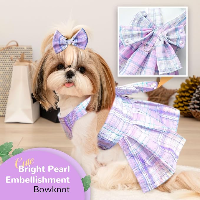 PETCARE Cute Dog Dress Clothes for Small Dogs Cats Girl Female Purple Plaid Bow - Image 4