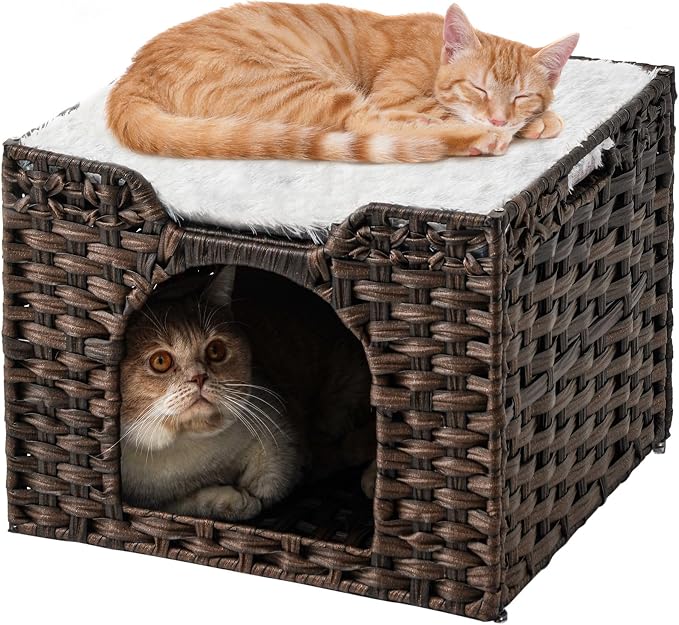 Cat Beds Indoor Kitten House, Handwoven Rattan Cat Cave Pet Cube, Large Cat by SETVSON
