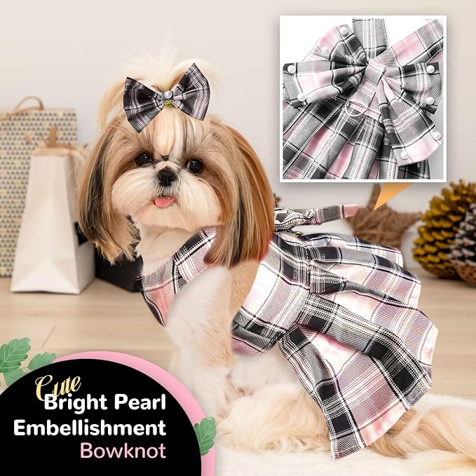 PETCARE Cute Dog Dress Clothes for Small Dogs Cats Girl Female Pink Plaid Bow - Image 4