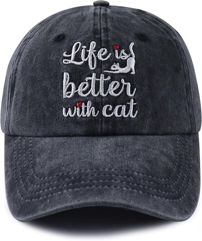Life is Better with Cat Hat for Women Men, Adjustable Cotton Embroidered cat by SplashBrothersCustomized