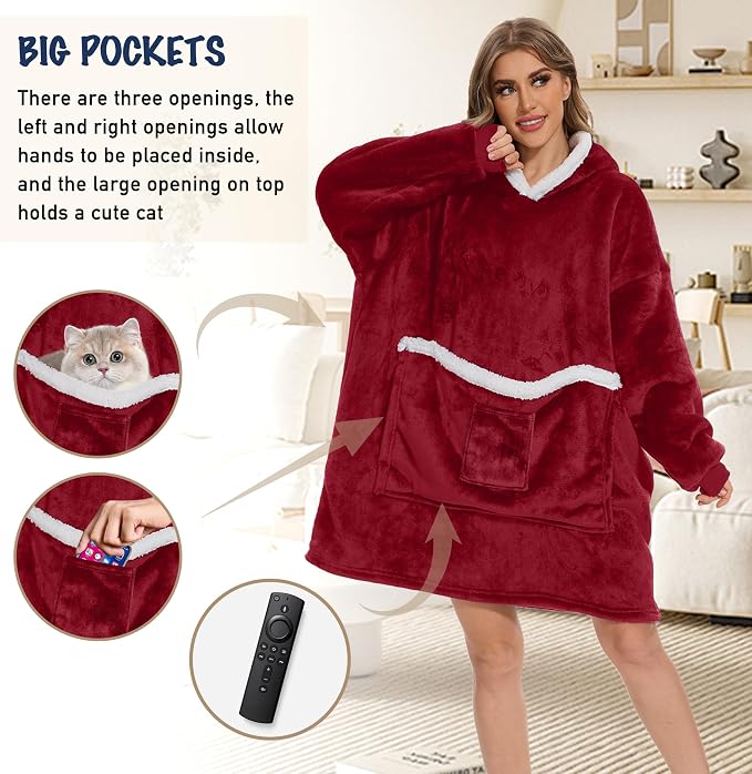 Wearable Blanket Hoodie with Giant Pocket, Soft Warm Sherpa Fleece Oversized - Image 2