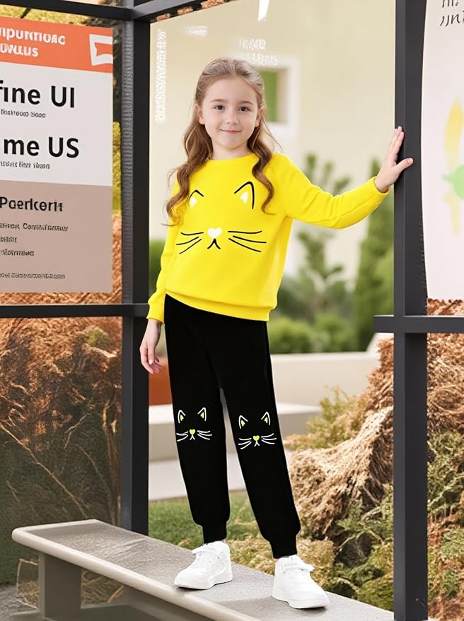 4-8T Toddler Girl Clothes Cat face print Short Sleeve Top+Pants Outfits Girl - Image 5