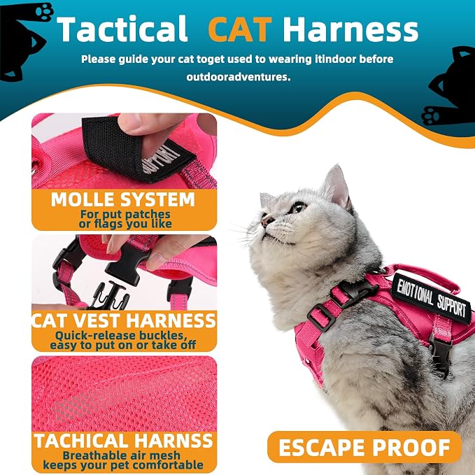Tactical Cat Harness Pink for Walking Esacpe Proof, Adjustable Soft Mesh Large - Image 3