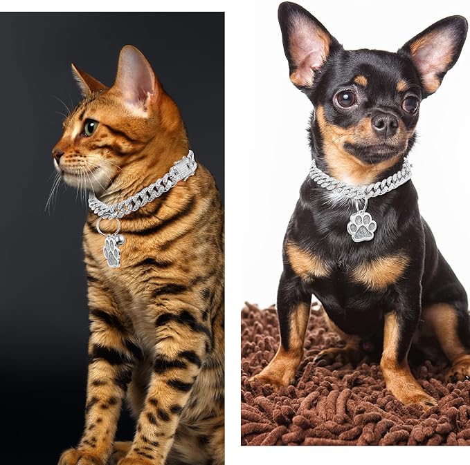 Hillban Cat Collar Diamond Chain Glitter Collar Walking Metal - Image 5