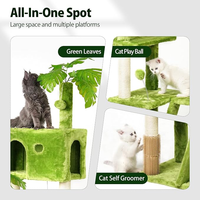 65in Tall Cat Tree with Leaves for Indoor Cats, Hanging Hammock, Cozy Perch - Image 4