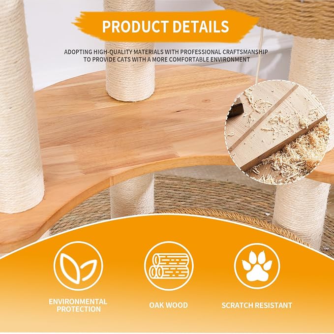54" Modern Cat Tree Tower for Indoor Cats, Oak Cat Scratching Tree for Multiple - Image 3