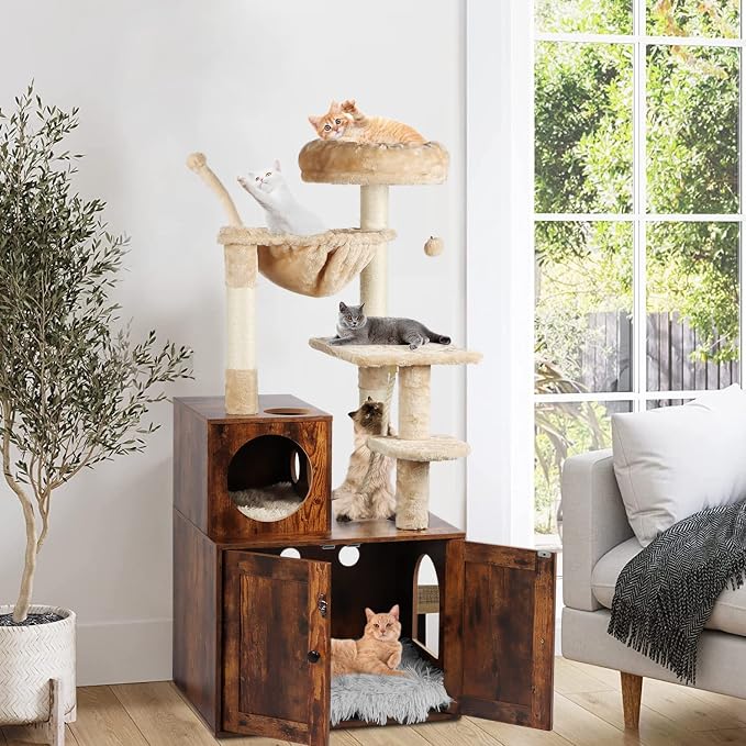 Cat Tree with Litter Box Enclosure, 2-in-1 Cat Tower - Image 5