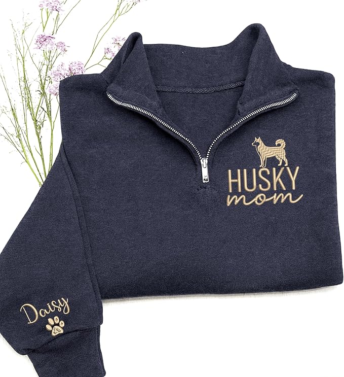 Personalized Husky Quarter Zip Sweatshirt – Custom Husky Dog Mom Hoodie – - Image 4