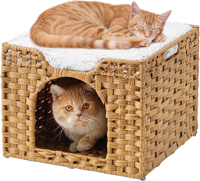 Cat Beds Indoor Kitten House, Handwoven Rattan Cat Cave Pet Cube, Large Cat by SETVSON