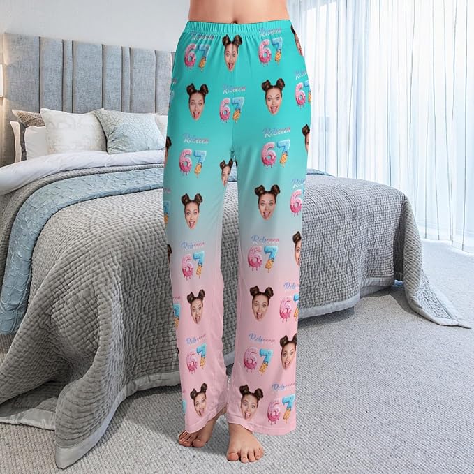 Custom Pajama Pants for Women Men, Personalized 67 Name Photo PJ Family Six - Image 5