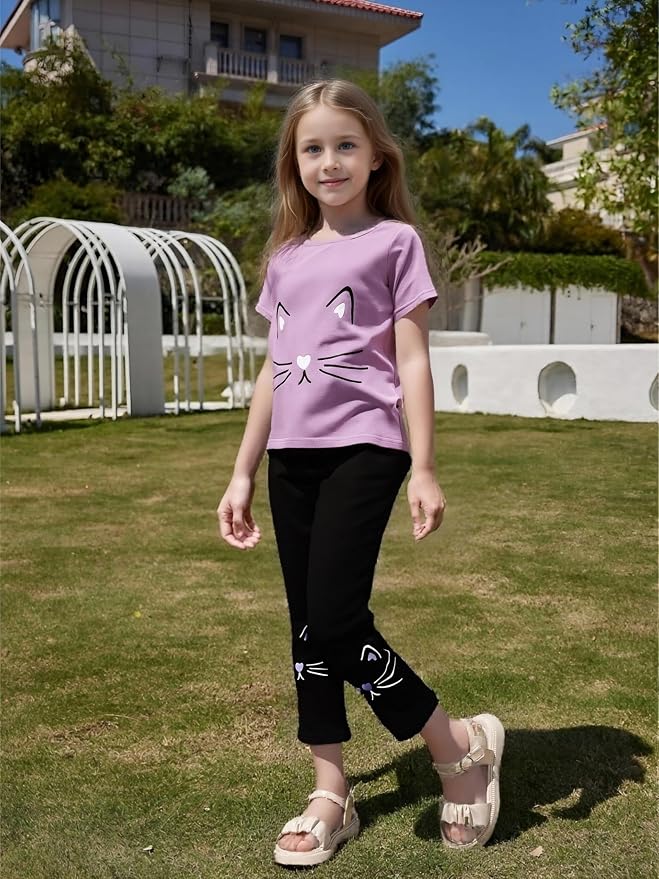 4-8T Toddler Girl Clothes Cat face print Short Sleeve Top+Pants Outfits Girl - Image 3