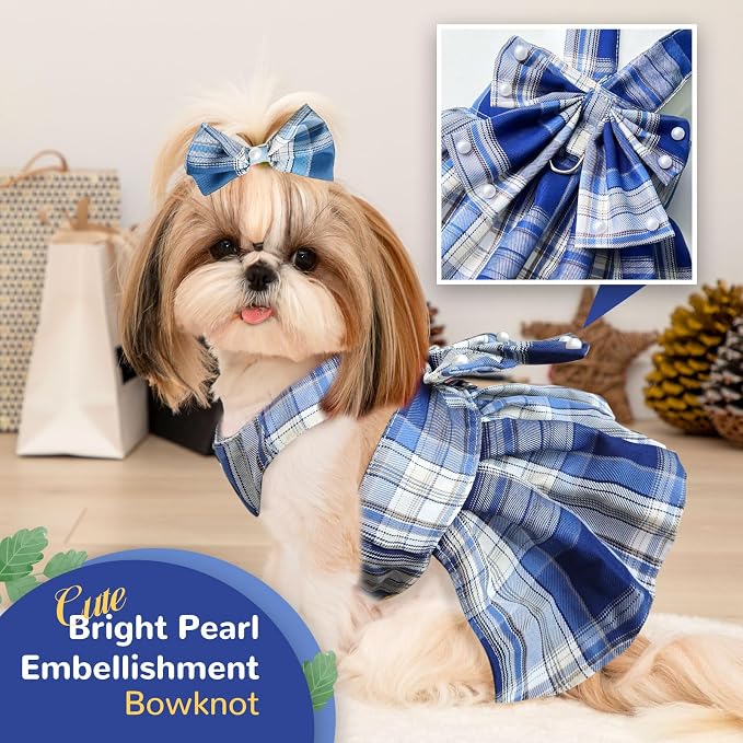 PETCARE Cute Dog Dress Clothes for Small Dogs Cats Girl Female Blue Plaid Bow - Image 4