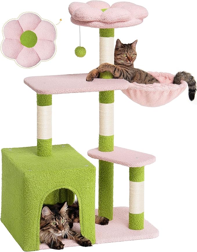 Flower Cat Tree for Indoor Cats, 2-Door Large Cat Condo Cave Bed for Big Adult by Aechonow