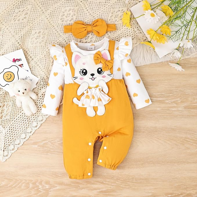Baby Girl Clothes Newborn Romper Cute Cat Ruffled Long Sleeve Love Fall Winter - Image 2