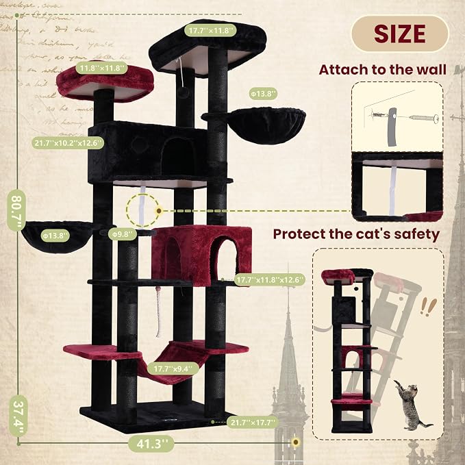 Tall Cat Tree, Large Cat Tower for Adult Cats, 80.7'' Heavy-Duty Cat Tree House - Image 7