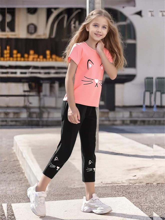 4-8T Toddler Girl Clothes Cat face print Short Sleeve Top+Pants Outfits Girl - Image 5