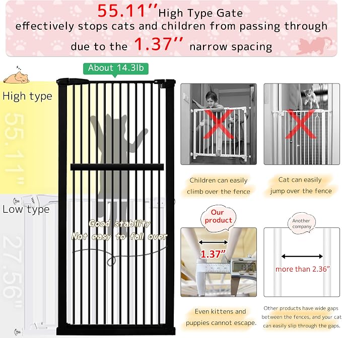 Lumizone Extra Tall Pet Gate 55.12" High Pressure Mounted 42.52"-46.64" Extra - Image 4