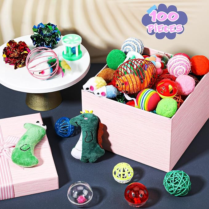 Lenwen 100 Pcs Cat Toys Set Bulk Cat Fur Mice Toys Variety Plastic Ball - Image 2