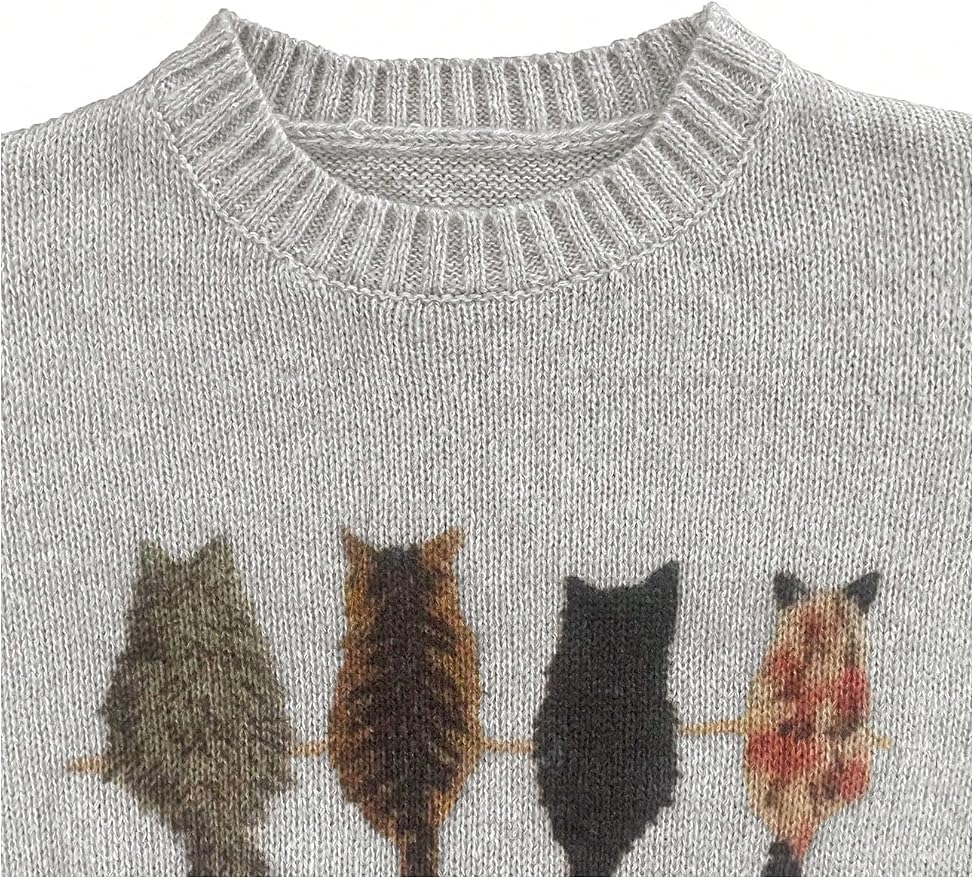WDIRARA Women's Cat Graphic Sweater Long Sleeve Crew Neck Knit Tops Casual - Image 4