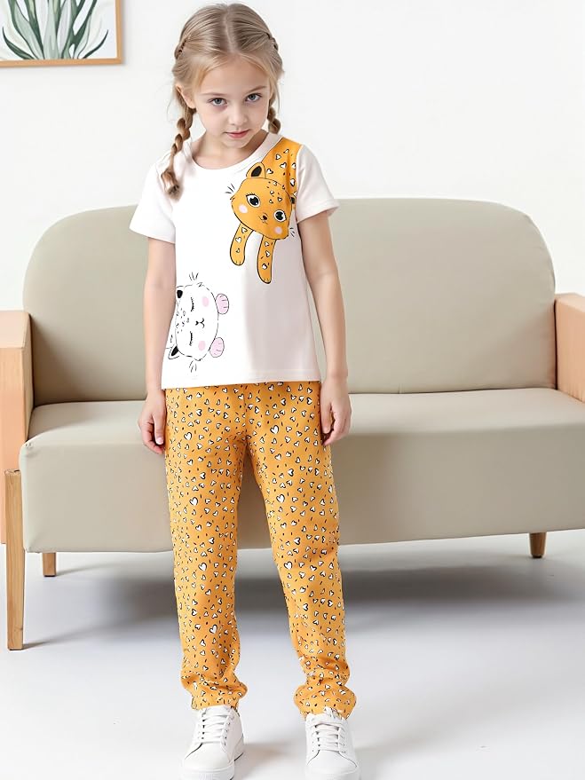 4-8T Toddler Girl Clothes Cat face print Short Sleeve Top+Pants Outfits Girl - Image 2