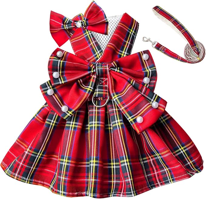 PETCARE Cute Dog Dress Clothes for Small Dogs Cats Girl Female Red Plaid Bow - Image 7