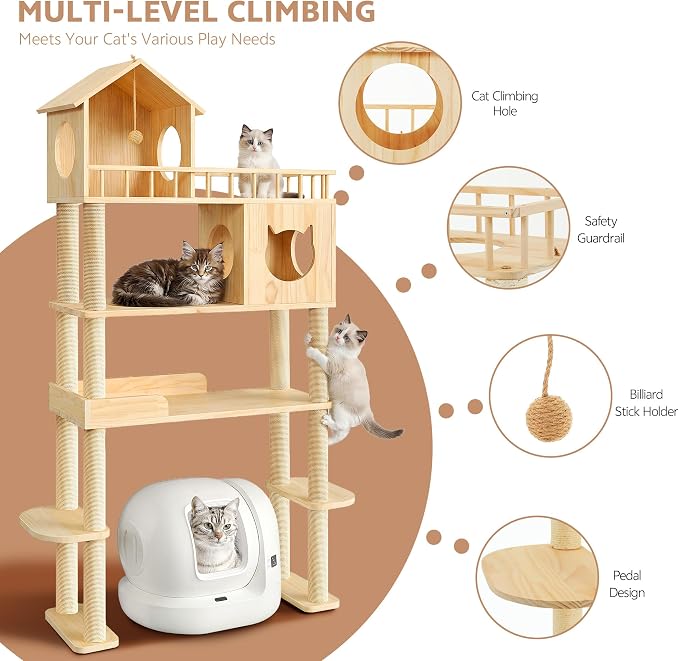 Wood Cat Tree for Automatic Litter Box, 74.4" Tall Cat Tower for Self Cleaning - Image 3