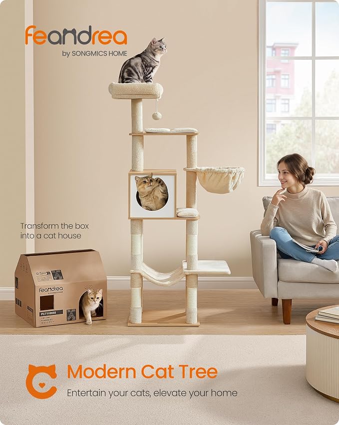 Feandrea Cat Tree, 65-Inch Tall Cat Tower, Scratching Posts, Almond Yellow - Image 2
