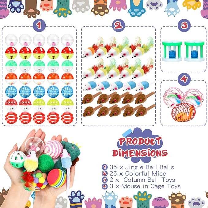 Lenwen 100 Pcs Cat Toys Set Bulk Cat Fur Mice Toys Variety Plastic Ball - Image 3