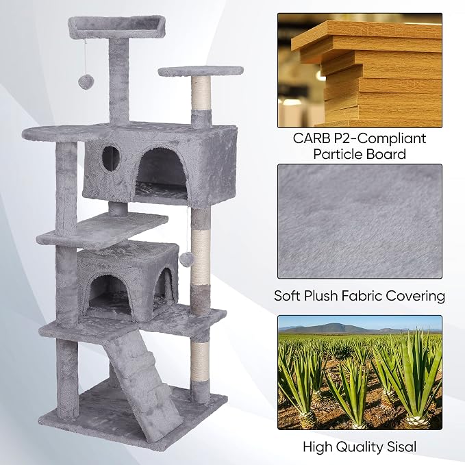 ZENY 54 inches Cat Tree with Sisal-Covered Scratching Posts and 2 Plush Rooms - Image 5