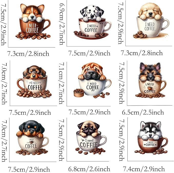 9pcs Coffee Dogs Iron On Heat Transfer Stickers Ready to Press Vinyl Decal - Image 2