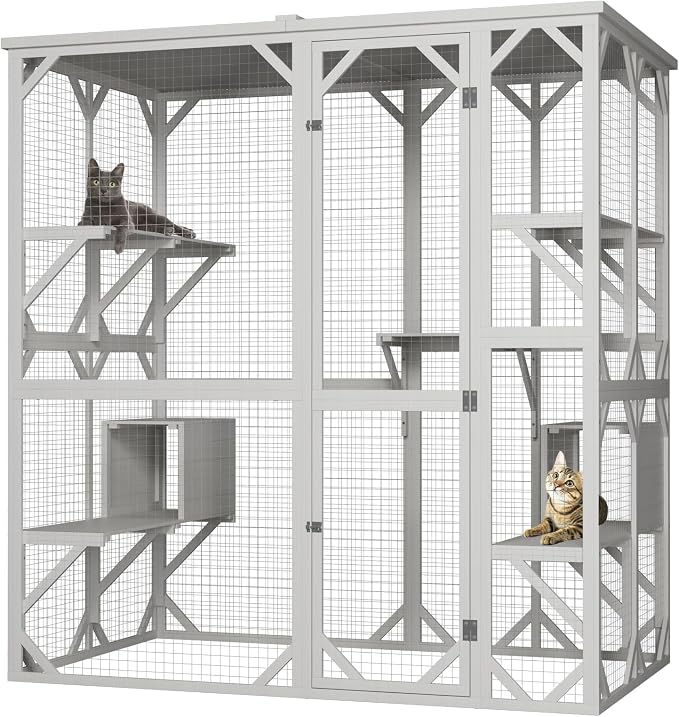 ROOMTEC Outdoor Catio with Roof 71.3" Height Large Wooden Cat Enclosure with 3 by ROOMTEC