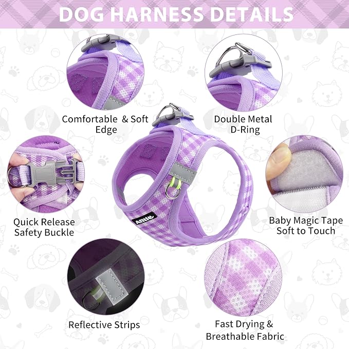 AIITLE Small Dog Harness with Leash – Soft Breathable Mesh, Plaid Pattern & - Image 6