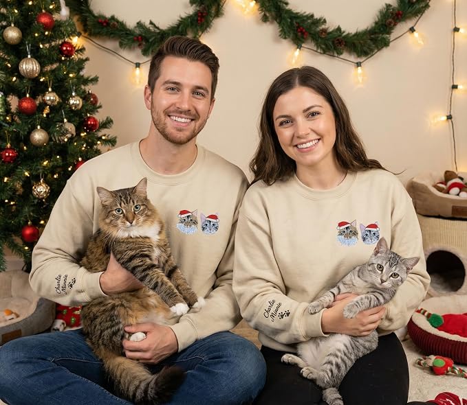 COUPLEHOODIES Custom Pet Christmas Sweatshirt – Embroidered Cat or Dog Portrait - Image 2