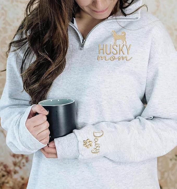 Personalized Husky Quarter Zip Sweatshirt – Custom Husky Dog Mom Hoodie – - Image 2