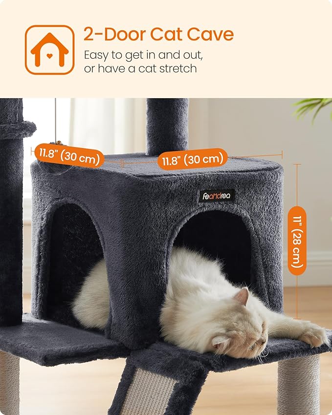 Feandrea Cat Tree, 37.8-Inch Cat Tower, Scratching Posts and Ramp, 2-Door Cave - Image 6