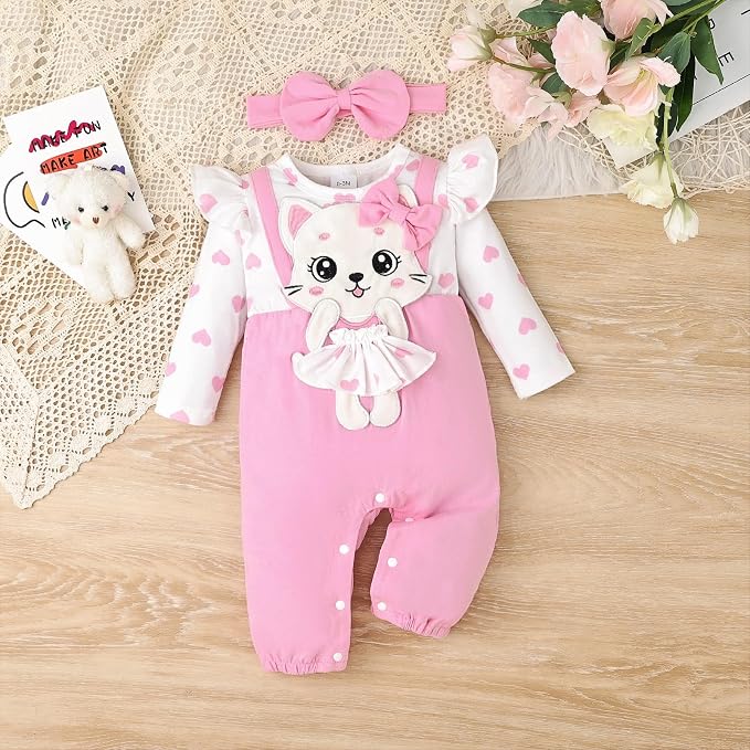 Baby Girl Clothes Newborn Romper Cute Cat Ruffled Long Sleeve Love Fall Winter - Image 2