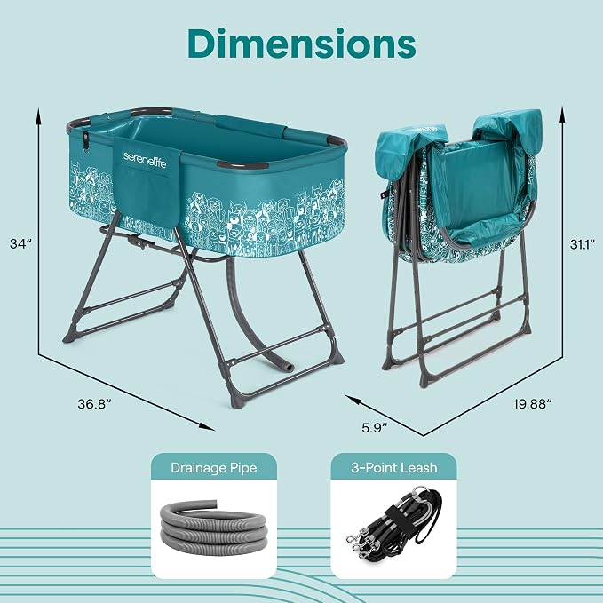 SereneLife Foldable Dog Bath Tub with Adjustable Height, 360° Access, Drain Hose & Storage Pockets – 130 lb Capacity Grooming Station for Indoor/Outdoor Use (Blue) - Image 7
