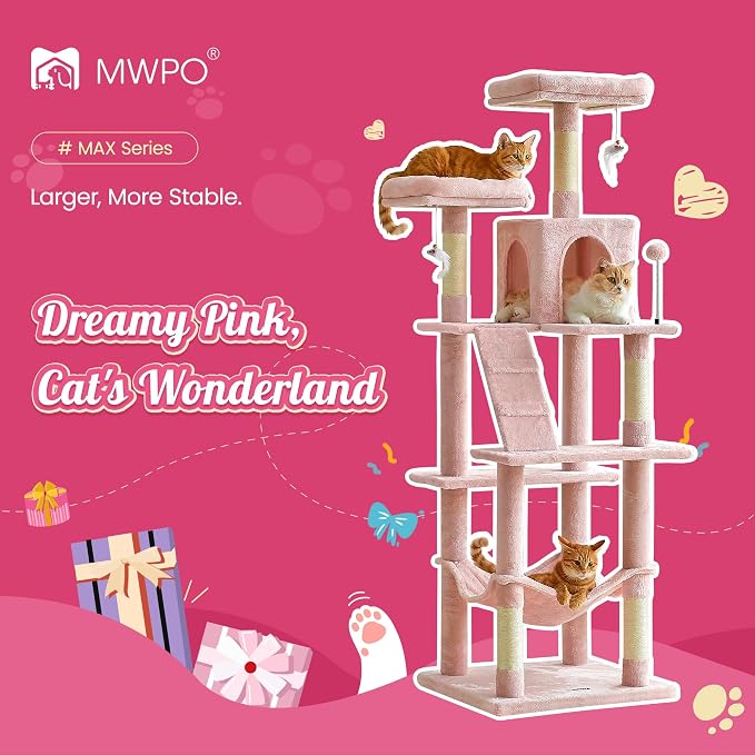 MWPO 70.1-Inch Pink Large Cat Tree, Plush Cat Condo - Image 2