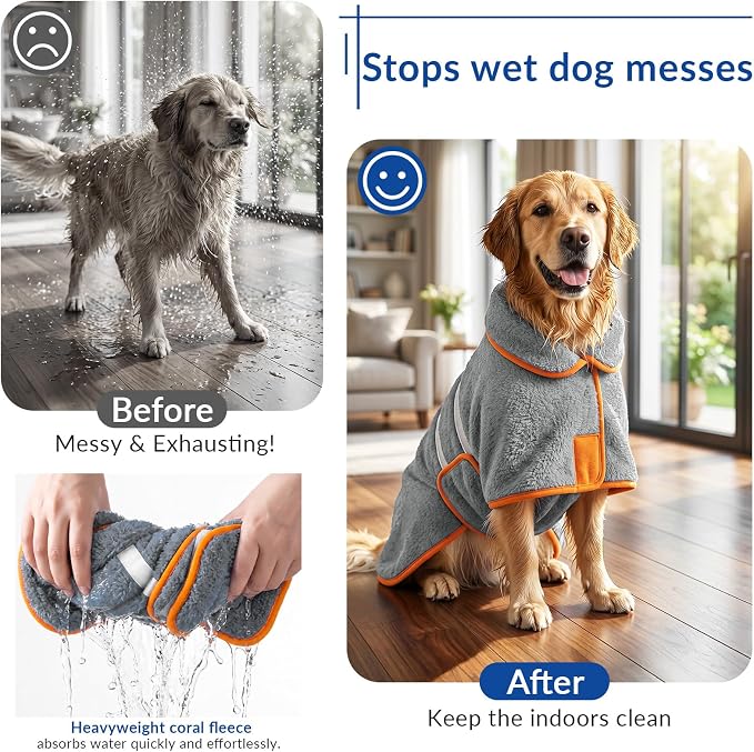 Bienbee Dog Bathrobe, Super Absorbent for Small to Large Dogs, Grey S - Image 2