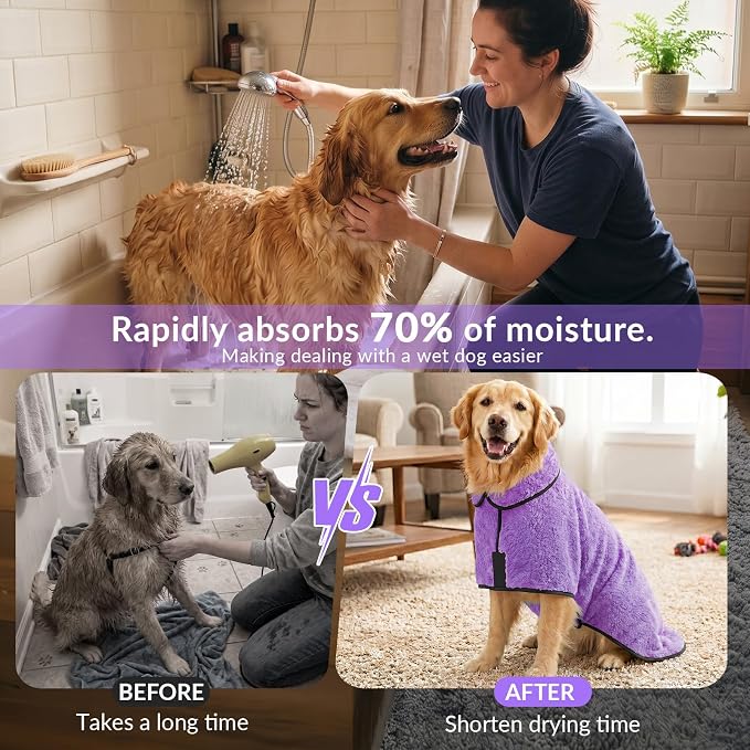 Dog Bathrobe, Super Absorbent for Small to Large Dogs, Light Purple L - Image 3