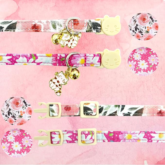 Elegant little tail 2 Pack Cat Collar-Pink Floral Print Cotton Breakaway Cat - Image 3